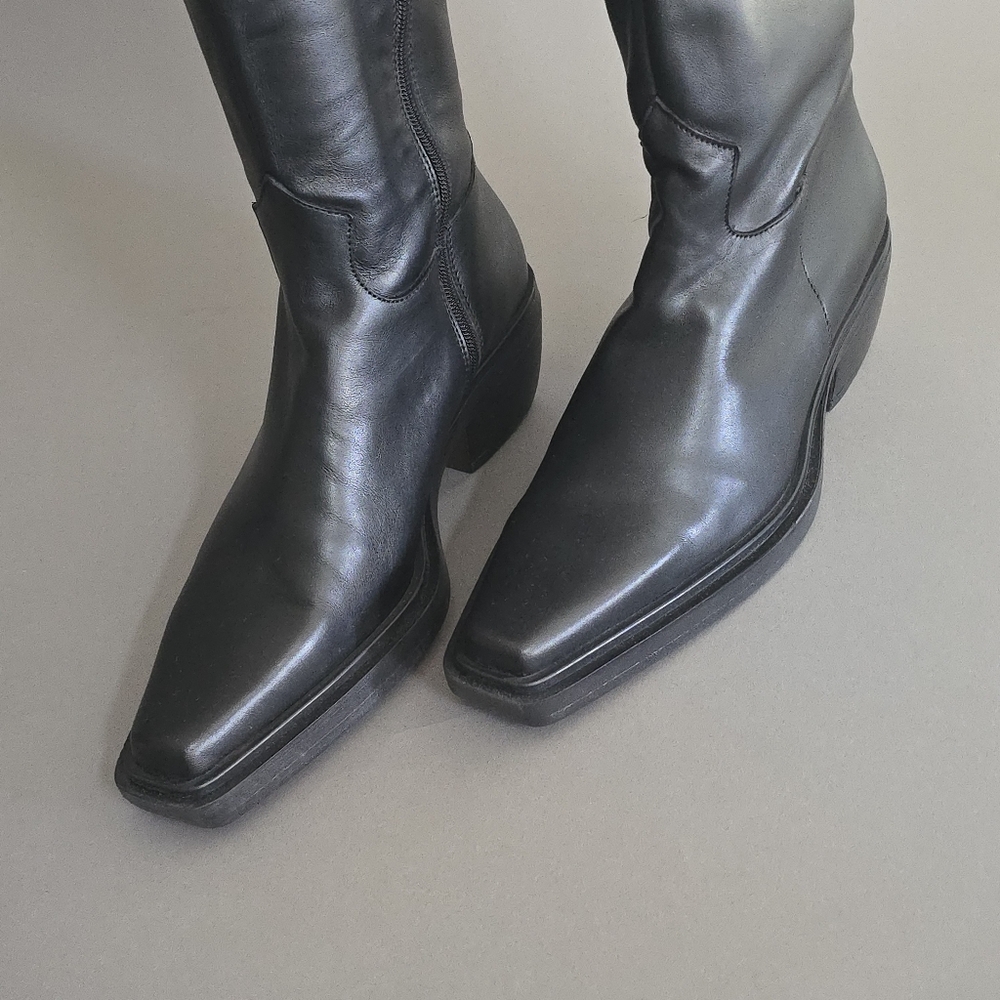 Thigh High Black Cowboy Boots, square toe and heel. Sz 10 / 40. made in Italy.